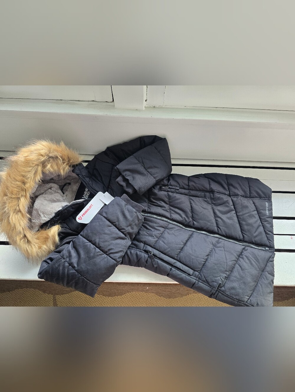 Lands' End Black Girls' Faux-Fur Hooded Puffer Coat